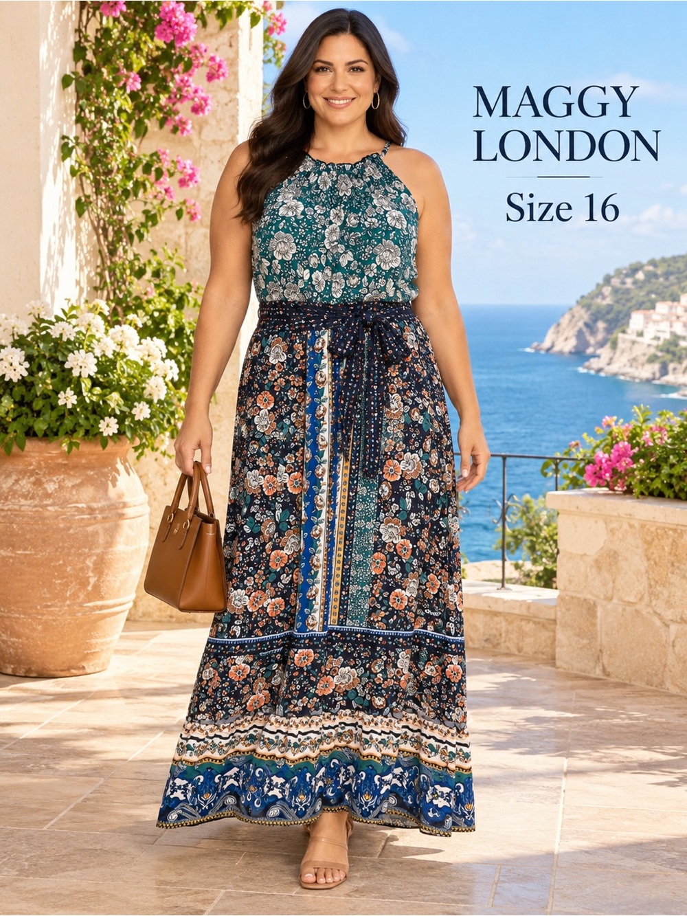 Maggy London Size 16 Floral Border Print Halter Maxi Dress